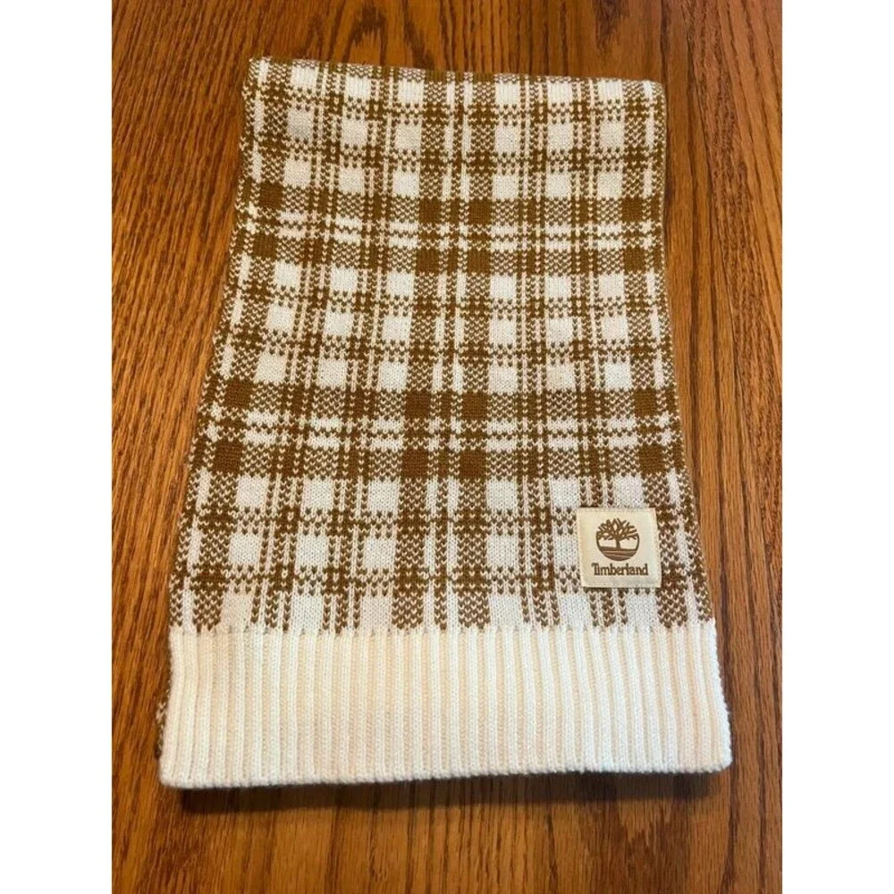 Timberland Brown and White Plaid Knit Scarf NWT